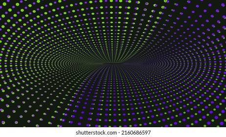 Neon green and purple glowing circles on black background. Optical illusion. Polka dots. Innovation technology concept. Art trippy digital screen. Luxury Backdrop. Royal banner. Template.  NFT card.