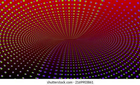 Neon green and purple glowing circles on black red background. Optical illusion. Dots. Innovation technology concept. Art trippy digital screen. Luxury Backdrop. Royal banner. Template. NFT card. VR.