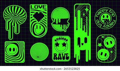Neon green rave sticker set on grid background - wavy silhouette, pixel heart with love text, melting orb and dripping happy face, trippy circular badge and wireframe sphere, geometric smile.