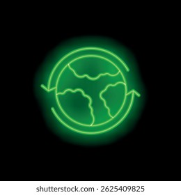 Neon green recycling symbol is surrounding planet earth, encouraging environmental protection and sustainability