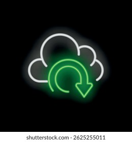 Flecha de refresco verde neón está brillando frente a un contorno de nube blanca sobre un fondo negro