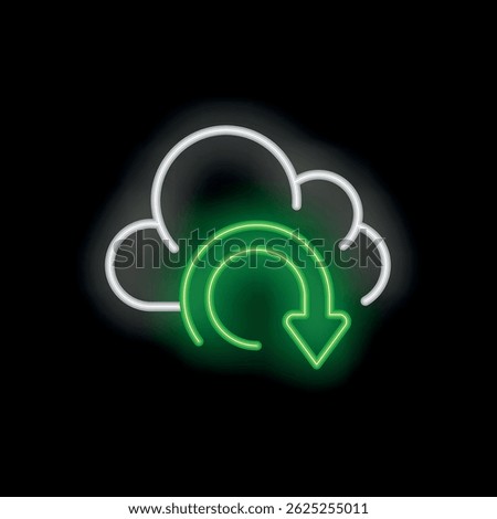 Neon green refresh arrow is glowing in front of a white cloud outline on a black background