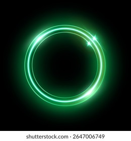 Neon green round frame. Abstract colorful glow light circle. Laser bright round shape. Futuristic illuminated button. Geometric graphic vector illustration isolated on black background.