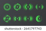 Neon green round lightning icons - dynamic energy icons in sci-fi style. Suitable for interfaces, applications and charging systems.