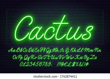 Neon Green Script Font. Glowing Alphabet With Letters, Numbers And Special Characters.