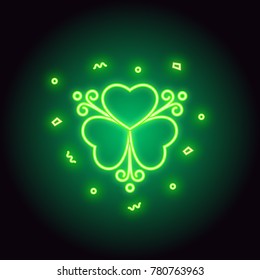 Neon green shamrock sign isolated on dark background. Glowing clover - irish and St. Patrick's Day symbol for cards, banners, posters. 