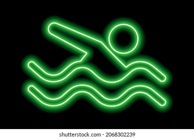 Neon green silhouette of freestyle swimmer with waves on black background. Vector illustration