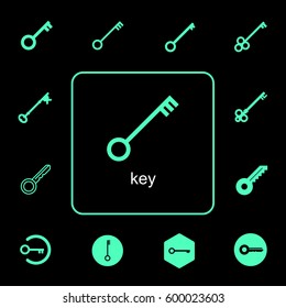 Neon green simple line flat icon set about keys