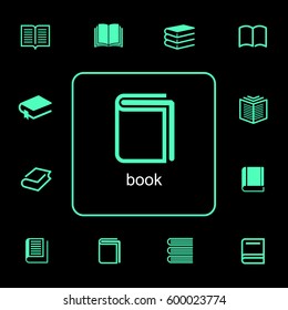 Neon green simple line flat icon set about books
