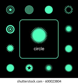 Neon green simple line flat icon set about star circles symbol
