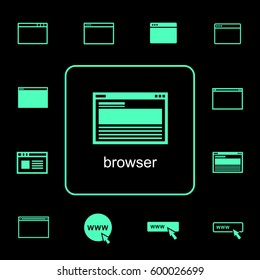 Neon green simple line flat icon set about browser symbol
