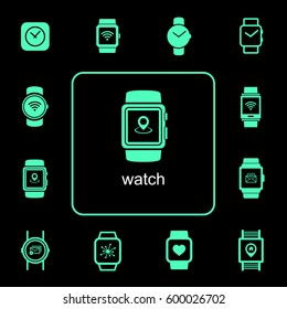 Neon green simple line flat icon set about watch symbol
