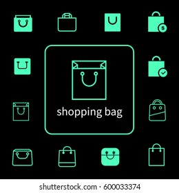 Neon green simple line flat icon set about shopping bag

