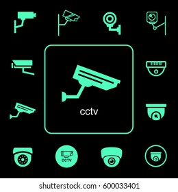 Neon green simple line flat icon set about Surveillance camera
