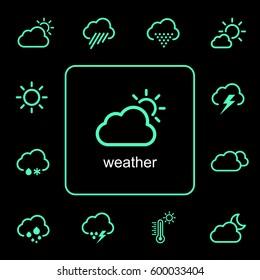 Neon green simple line flat icon set about weather
