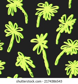 Neon Green Sketch Palms Vector Seamless Pattern With 2000s Retro Vibes. Fuchsia And Pink Exotic Sketch Palms Repeat For Textile, Fabric, Wallpaper, And Wrapping Paper. Vector Illustration.