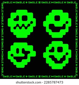 Neon green Smile icon face set symbol vector alien zombie clip art element game in pixel mosaic editable