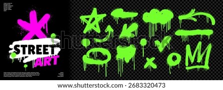 Neon green spray paint shape set with acid splatter and toxic drip texture for urban design. Graffiti arrows, star, crown, oval and check marks. Bold urban or graffiti background. Template design.