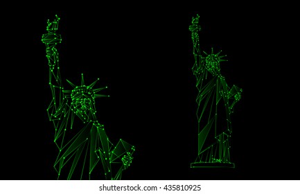 Neon green Statue of Liberty illustration. Polygonal mesh Independence Day background with a monument in New York City. Vector low poly lines and dots.