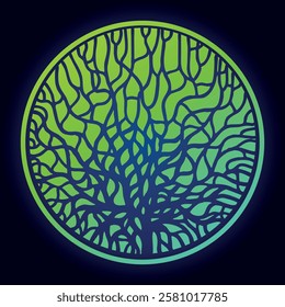 Neon green tree-like branching pattern within a circular shape, evoking technology and nature fusion