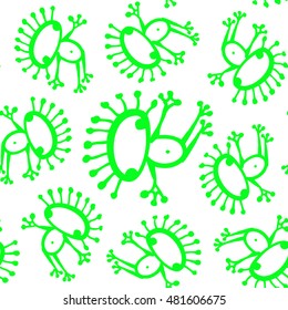 Neon green white doodle alien frog seamless pattern vector