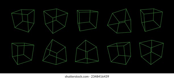 Colección de cubo de alambre verde neón. Contorno formas cúbicas en diferentes ángulos, perspectiva y posición. Elementos cuadrados geométricos para plantilla de diseño, icono, logotipo. Dibujo vectorial de cuadros abstractos