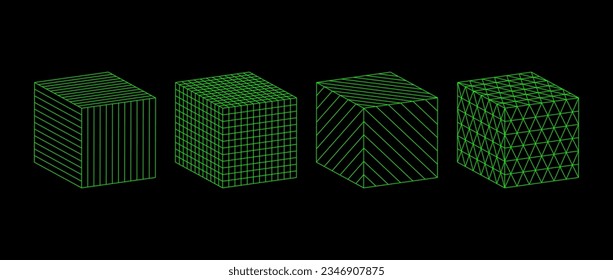 Colección de cubos de malla verde neón. Formas de contorno 3d con diferentes patrones de cuadrícula. Elementos cuadrados geométricos para plantilla de diseño, icono, logotipo. Cuadro abstracto con líneas de entramado. Ilustración del vector