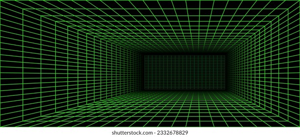 Neon green wireframe grid room. 3d perspective angle background. Futuristic digital outline space. Geometric dimension design. Vector template illustration