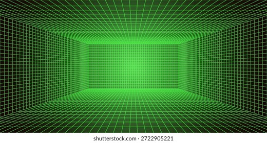 Neon green wireframe grid room. 3d perspective angle background. Futuristic digital outline space. Geometric dimension design. Vector template illustration