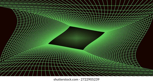 Neon green wireframe grid room. 3d perspective angle background. Futuristic digital outline space. Geometric dimension design. Vector template illustration