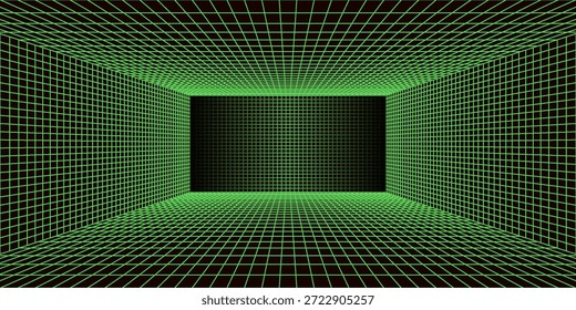 Neon green wireframe grid room. 3d perspective angle background. Futuristic digital outline space. Geometric dimension design. Vector template illustration