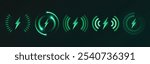 Neon green wireless charging icons set on dark background. Glowing symbols with lightning bolts and different circle pictograms. Mobile battery charger tech application indicators interface design.
