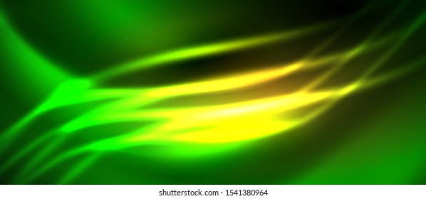 Fondo de ondas abstractas de color verde neón y amarillo. Luces brillantes en colores brillantes con elementos de diseño. Ilustración futurista o tecnológica, concepto de alta tecnología