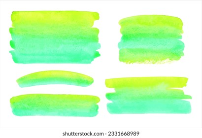 Neon green, yellow bright gradient vector watercolor brush strokes, stripes set. Banners collection, rectangle shape. Painted colorful watercolour stains texture. Aquarelle template, text background