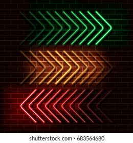 Neon green, yellow and red arrows on a brick wall. Vector Illustration.