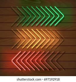 Neon green, yellow and red arrows on a wooden wall. Vector Illustration.