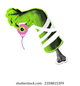 Neon green Zombie hand wrapped in bandages holding a missing eye. Halftone grungy scary Halloween clip art. Demon hand halftone collage for mixed media design. Vector illustration