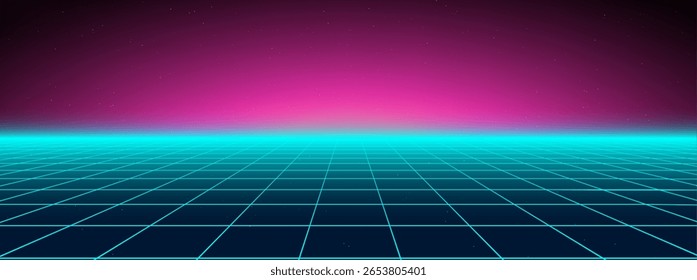 Neon grid game background with 3D 80s retro cyberpunk purple patterns. Synthwave floor lights and arcade laser effects for virtual spaces. Futuristic wireframe glow vaporwave textures for metaverse.