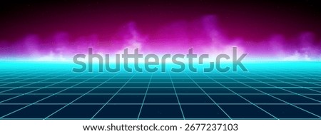 Neon grid game background with cyberpunk smoke effect and vaporwave pink. 80s retrowave or synthwave laser lights for futuristic wallpapers. Geometric galaxy landscape digital glow design for party.