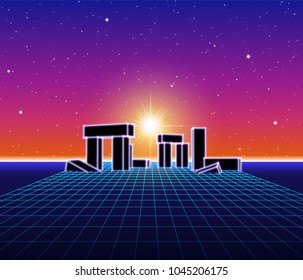 Neon grid landscape with 80s retro wave game style, ancient stone ruins with neon lights and sun for party posters