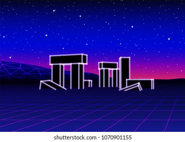 Neon grid landscape with 80s retro wave game style, ancient stone ruins with neon lights and night sky with stars for party posters