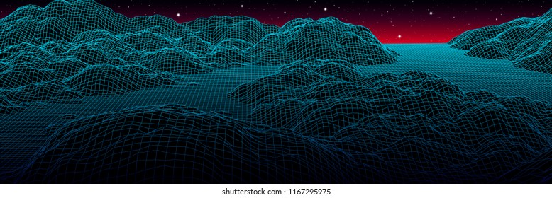 Neon grid landscape and blue mountains with old 80s arcade game style for New Retro Wave party banner or 80s revival music album cover