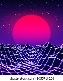 Neon grid landscape and purple sun with old 80s arcade game style for New Retro Wave party poster or 80s revival music album cover