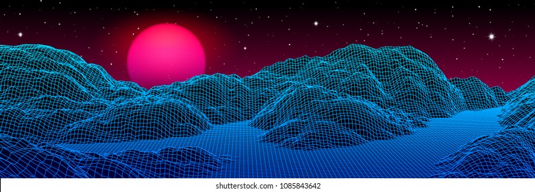 Neon grid landscape and purple sun with old 80s arcade game style for New Retro Wave party banner or 80s revival music album cover