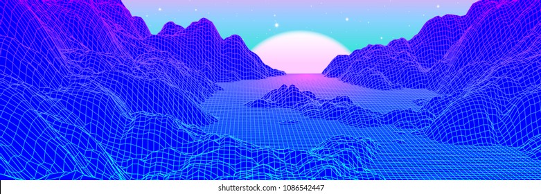 Neon grid landscape and purple sun with old 80s arcade game style for New Retro Wave party poster or 80s revival music album cover