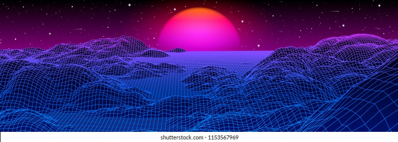 Neon Grid Landscape And Purple Sun With Old 80s Arcade Game Style For New Retro Wave Party Banner Or 80s Revival Music Album Cover