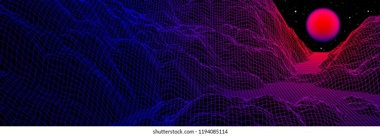 Neon grid landscape and purple sun with old 80s arcade game style for New Retro Wave party banner or 80s revival music album cover