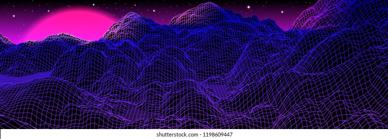 Neon grid landscape and purple sun with old 80s arcade game style for New Retro Wave party banner or 80s revival music album cover