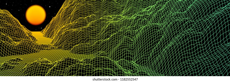 Neon grid landscape and yellow sun with old 80s arcade game style for New Retro Wave party banner or 80s revival music album cover