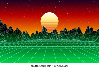 Neon Grid Mountain Landscape And Yellow Sun With Old 80s Arcade Game Style For New Retro Wave Party Poster Or 80s Revival Music Album Cover.